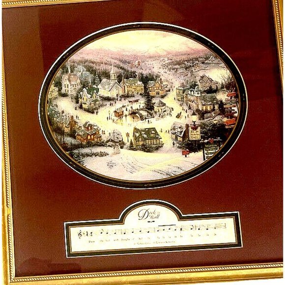 1997 THOMAS KINKADE -ST NICHOLAS CIRCLE DECK THE HALLS Print Red Mat Gold Frame